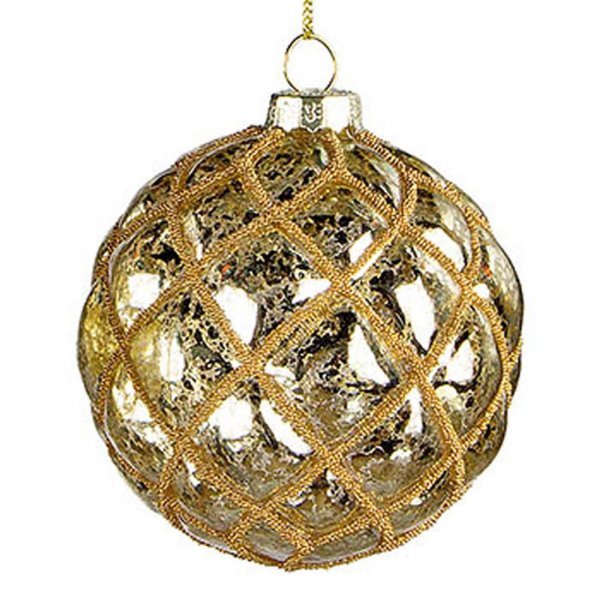 Χριστουγεννιάτικη Γυάλινη Μπάλα, με Ρόμβους από Χρυσή Κλωστή (10cm)